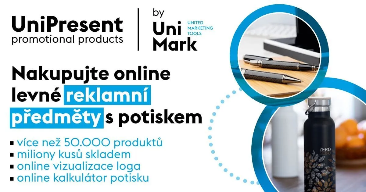 Barevný banner propagující levné reklamní předměty s potiskem a souvisejícími službami.