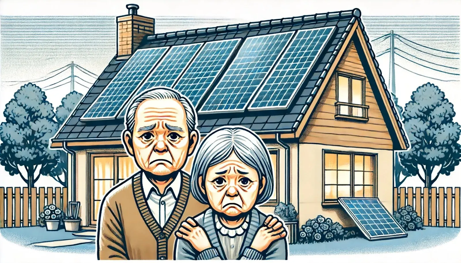 Starší pár před domem s fotovoltaickými panely na střeše, smutný výraz obličeje.