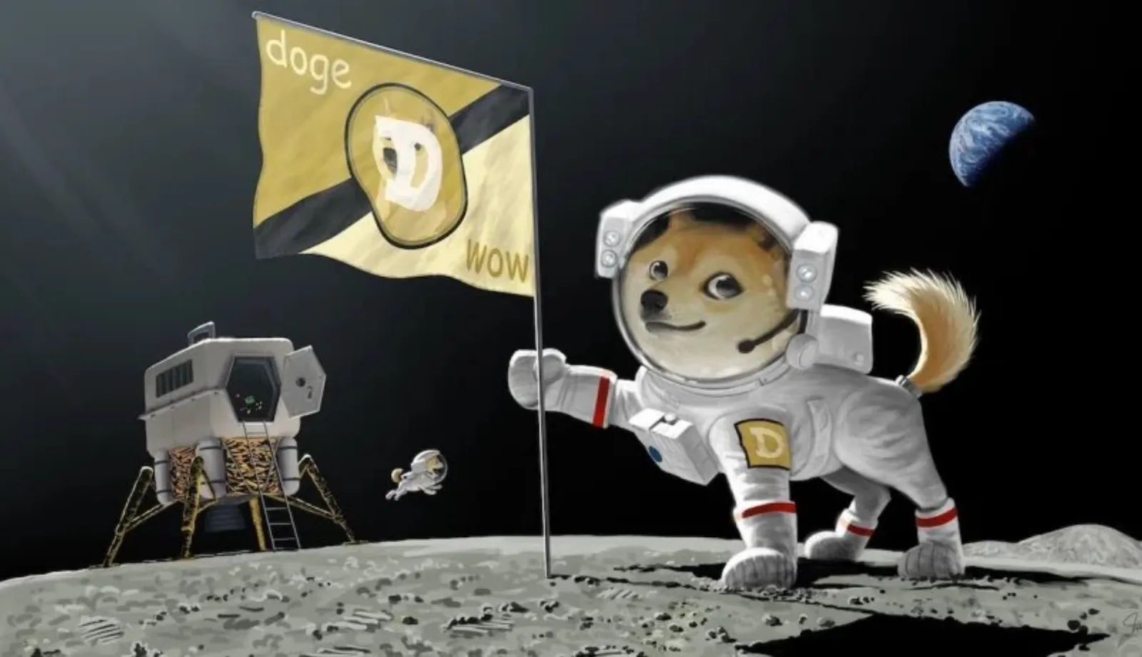 Astronautický pes s vlajkou Dogecoin na Měsíci, pozadí s planetou Zemí.