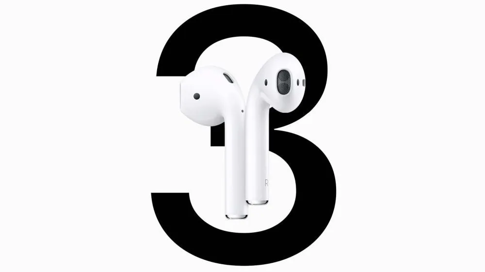 Bílé sluchátka AirPods 3. generace před číslicí 3 na neutrálním pozadí.