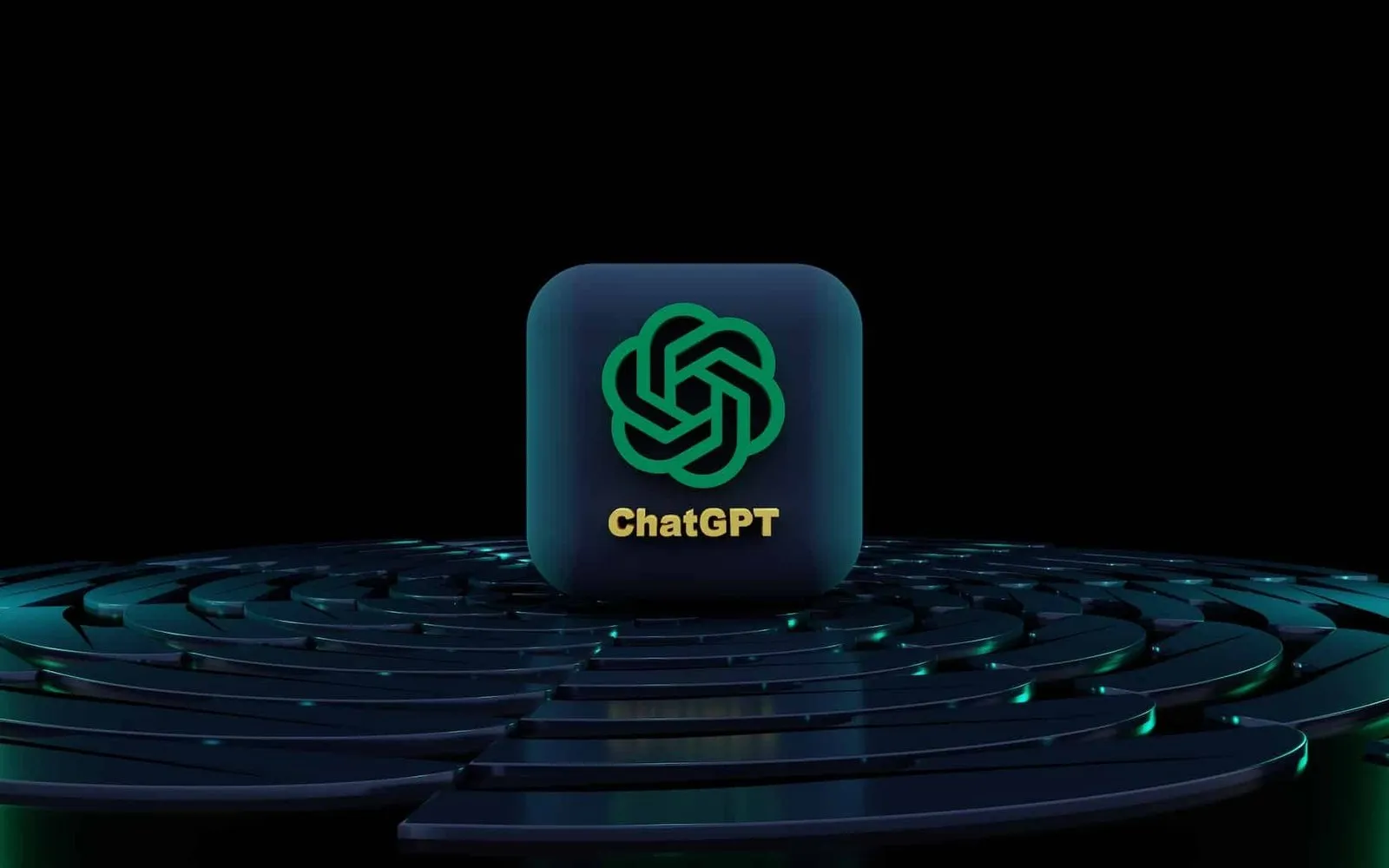 Logo ChatGPT na abstraktním pozadí s geometrickým vzorem.