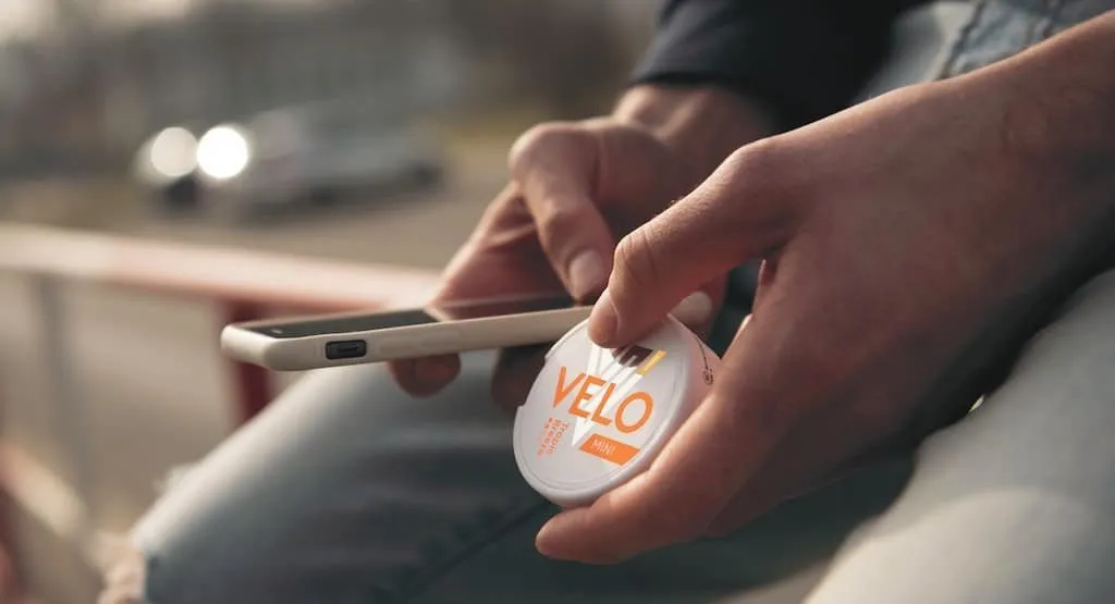 Osoba drží plechovku nikotinových sáčků VELO MINI a mobilní telefon.