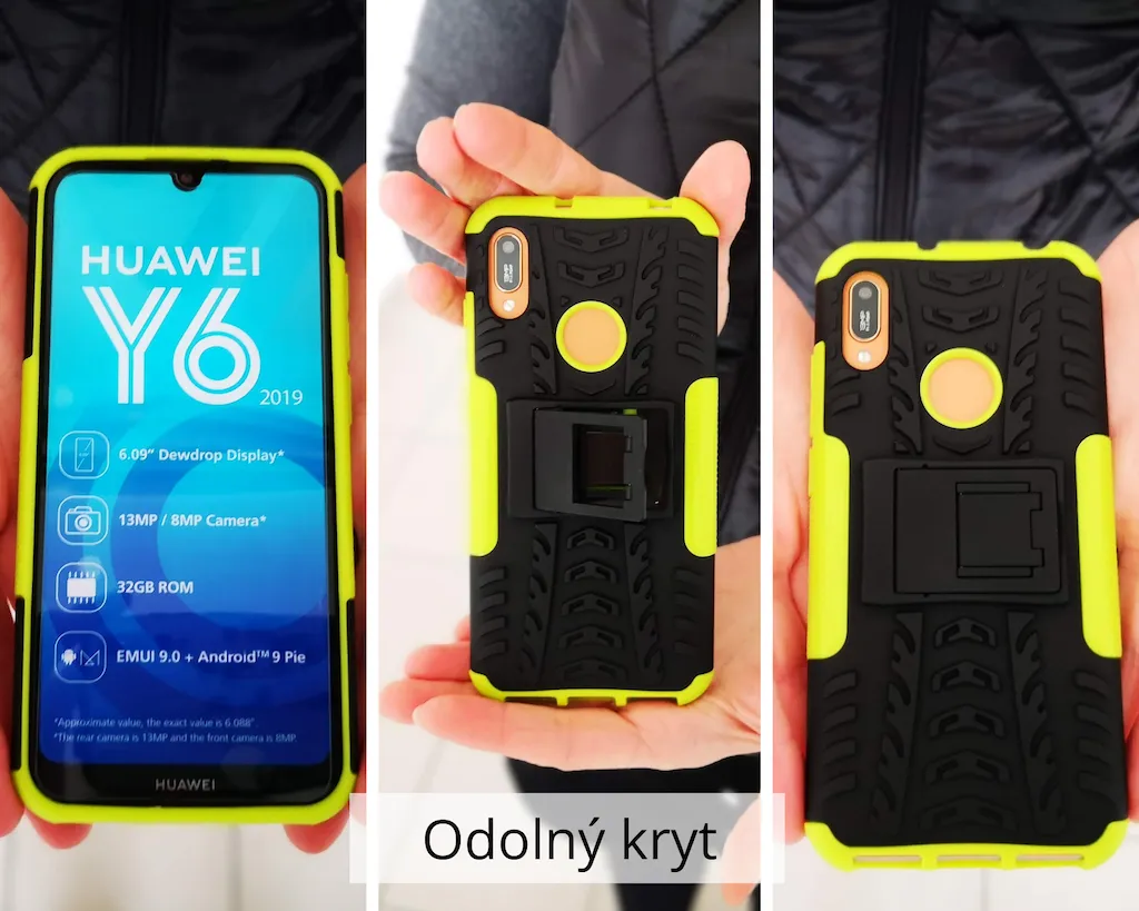 Mobilní telefon Huawei Y6 2019 v odolném černém a žlutém krytu.