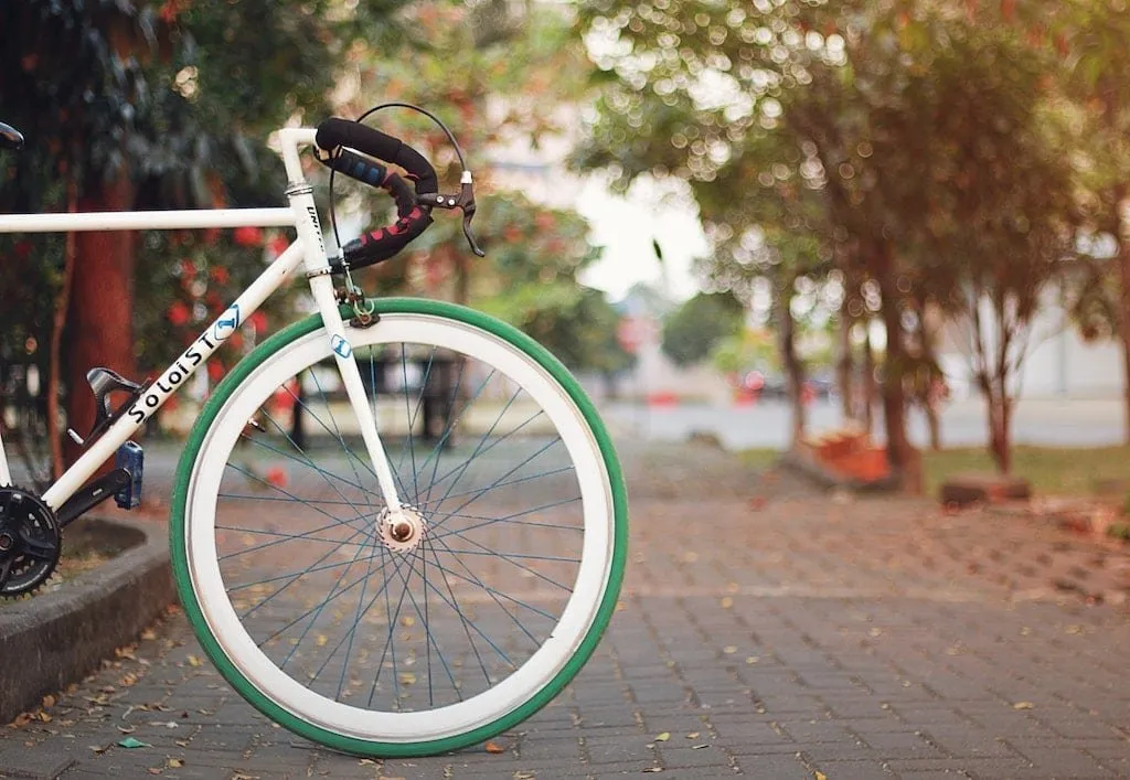 Bílý bicykl s zeleným ráfkem na dlažební cestě mezi stromy.